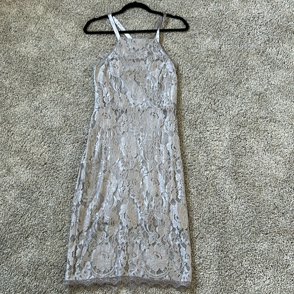 Lulu’s Wishful Wanderings Silver/Grey Lace Bodycon Midi Dress - Medium